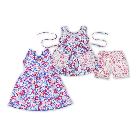 Purple Flowers Print Sisters Summer Matching Clothes