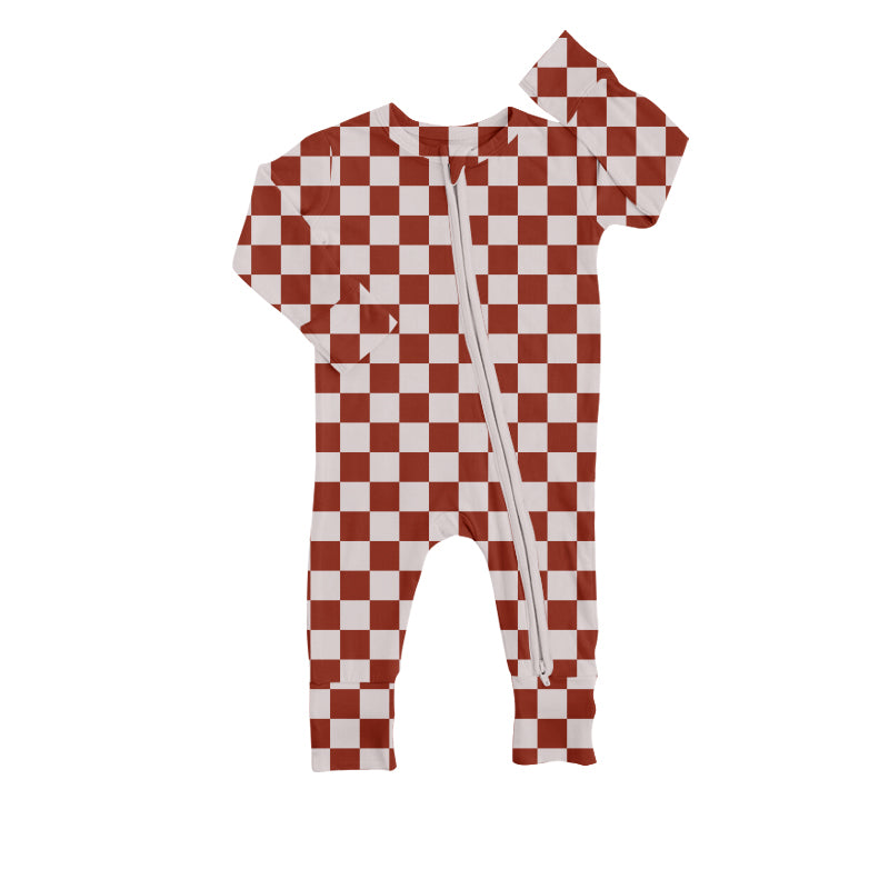 (Custom Design MOQ 5) Brown Plaid Print Baby Zipper Sleeper Romper