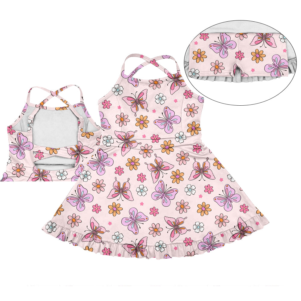 3.10(Custom Design Preorder MOQ 5) Butterfly Flowers Print Girls Summer Knee Length Shorts Dress