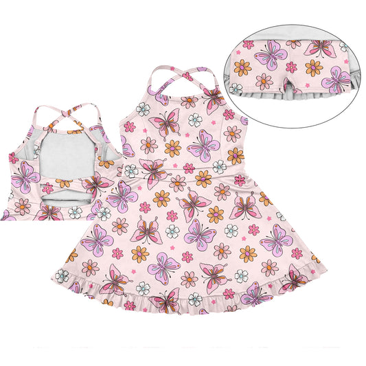 3.10(Custom Design Preorder MOQ 5) Butterfly Flowers Print Girls Summer Knee Length Shorts Dress