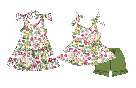 5.24(Custom Design Preorder MOQ 5 Each Design) Colorful Flowers Print Girls Summer Matching Clothes Sisters Wear