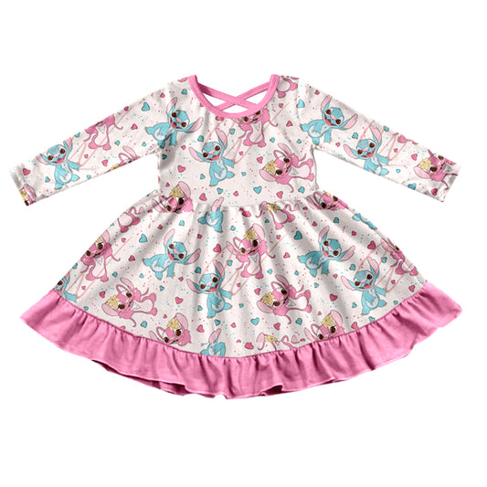 (Custom Design Preorder MOQ 5) Pink Cartoon Animal Print Girls Valentine's Knee Length Dress