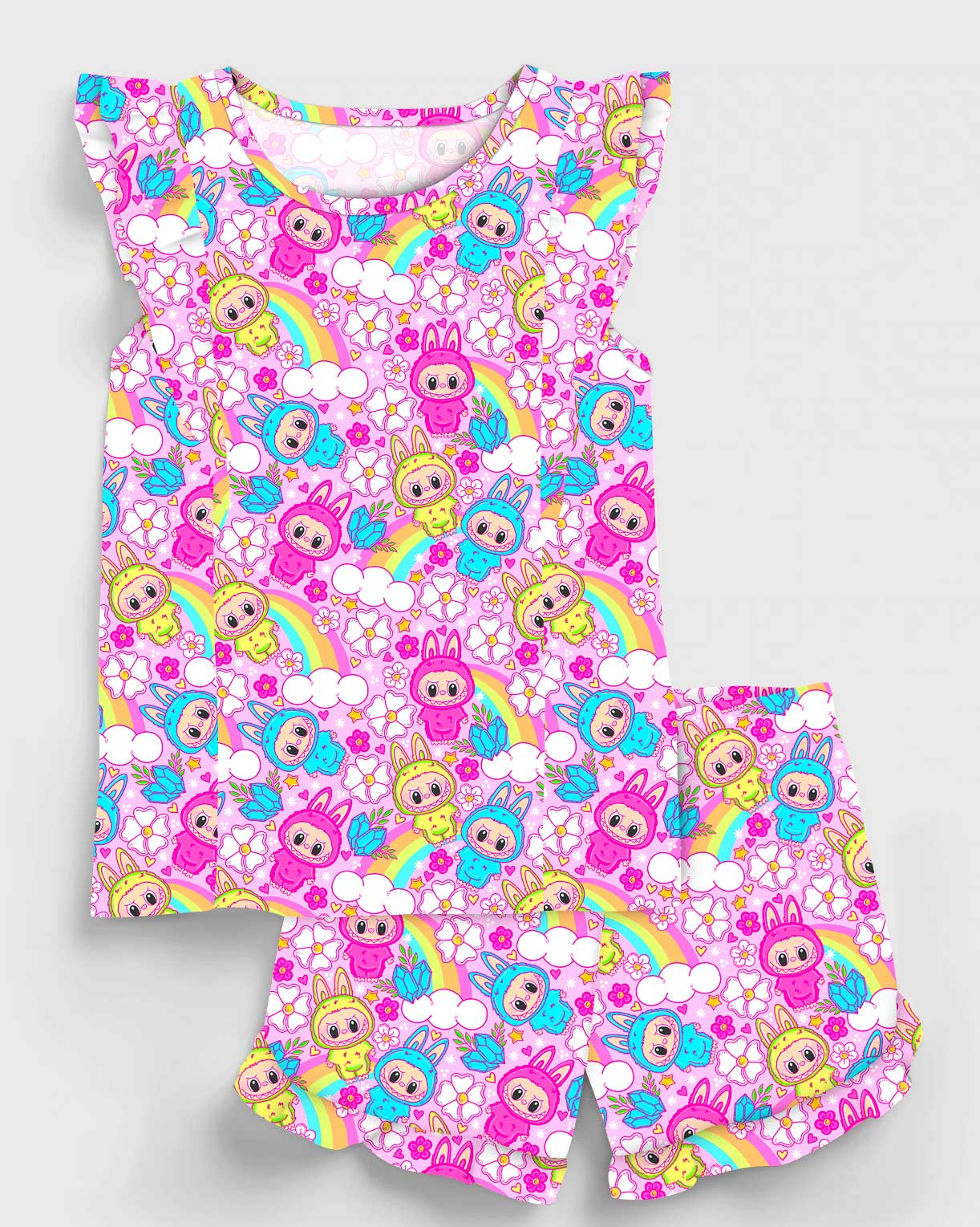 (Custom Design Preorder MOQ 5) Cartoon Labub* Rainbow Print Shorts Girls Summer Clothes Set