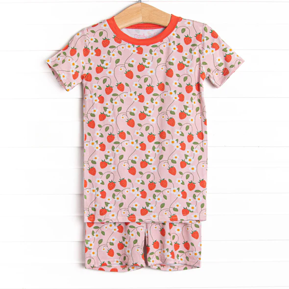 (Custom Design Preorder MOQ 5) Strawberry Flowers Print Girls Summer Pajamas Clothes Set