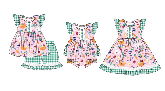 11.4(Custom Design Preorder MOQ 5 Each Design) Bunny Flowers Print Girls Easter Matching Clothes Set Sisters Wear