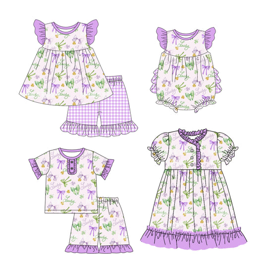 12.10(Custom Design Preorder MOQ 5 Each Design) Lucky Green Purple Bows Print Girls St. Patrick's Day Matching Clothes Sisters Wear