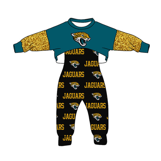 (Custom Design Preorder MOQ 5) Team's JAGUARS Black Print Jumpsuits Girls Fall Clothes Set