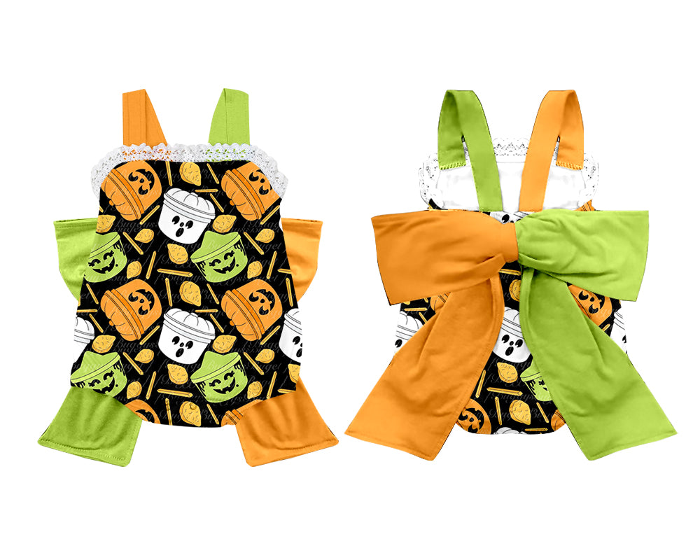 (Custom Design Preorder MOQ 5) Pumpkin Print Baby Girls Halloween Romper Big Bow On the Back