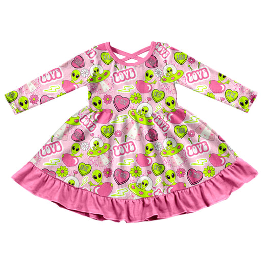 (Custom Design Preorder MOQ 5) ET LOVE Flowers Print Girls Valentine's Knee Length Dress