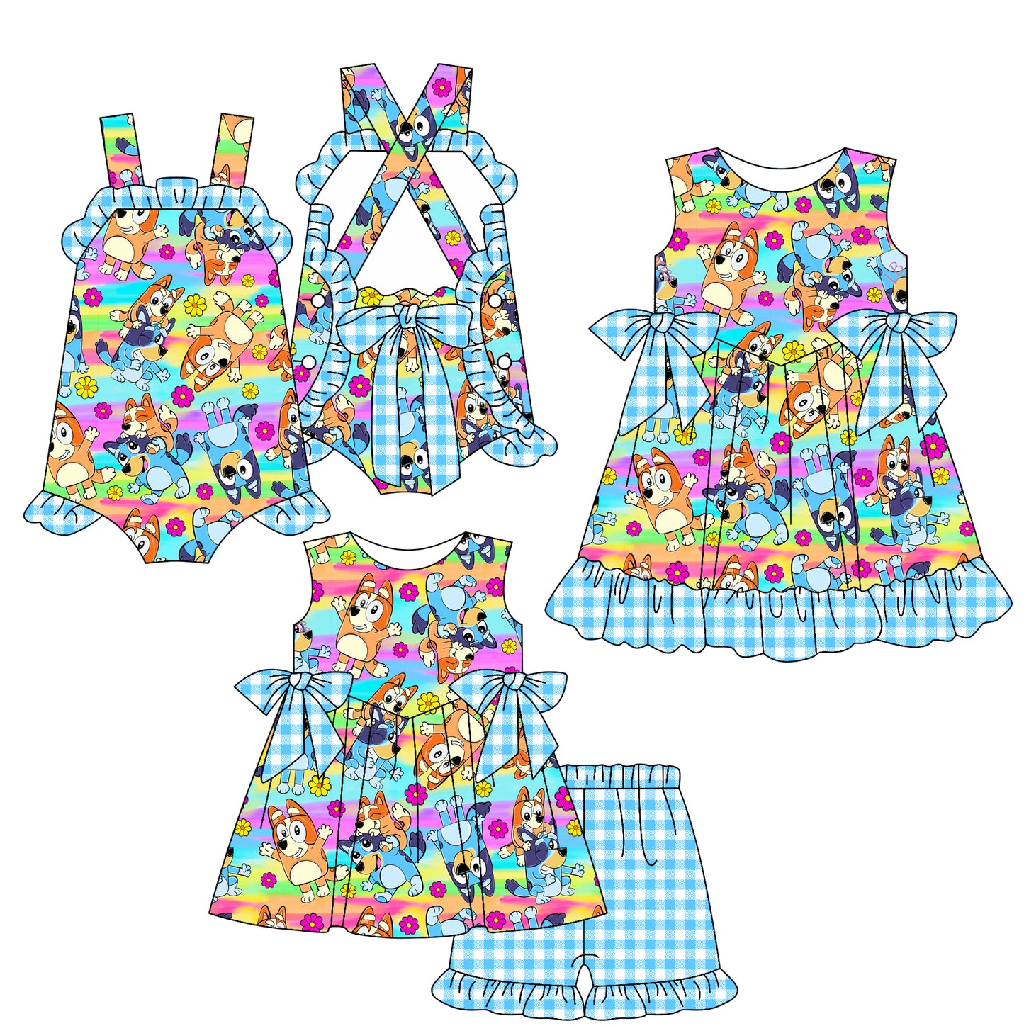 2.16(Custom Design Preorder MOQ 5 Each Design) Cartoon Dog Blue Plaid Print Girls Summer Matching Clothes Sisters Wear