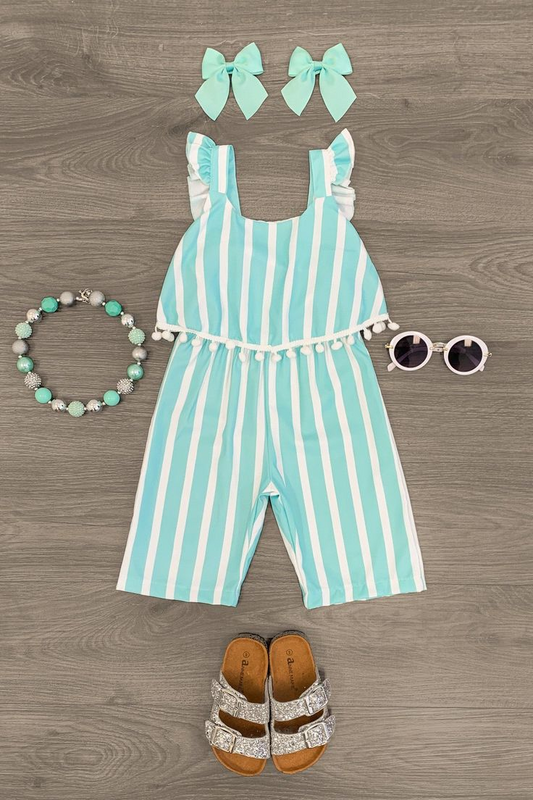(Custom Design Preorder MOQ 5) Aqua Stripes Print Girls Summer Clothes Set