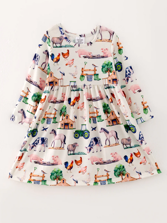 (Custom Design Preorder MOQ 5)  Farm Animals Print Girls Knee Length Dress