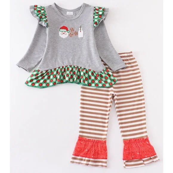 (Custom Design Preorder MOQ 5)  Santa Top Stripes Pants Girls Christmas Clothes Set