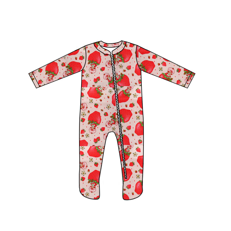 (Custom Design Preorder MOQ 5) Strawberry Flowers Print Baby Girls Bamboo Sleeper Zipper Romper