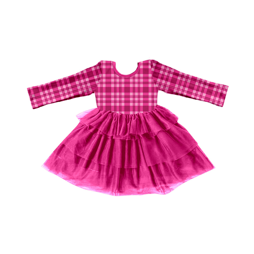 (Custom Design Preorder MOQ 5) Pink Plaid Print Girls Valentine's Knee Length Tulle Dress