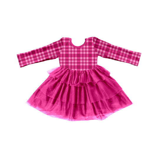 (Custom Design Preorder MOQ 5) Pink Plaid Print Girls Valentine's Knee Length Tulle Dress
