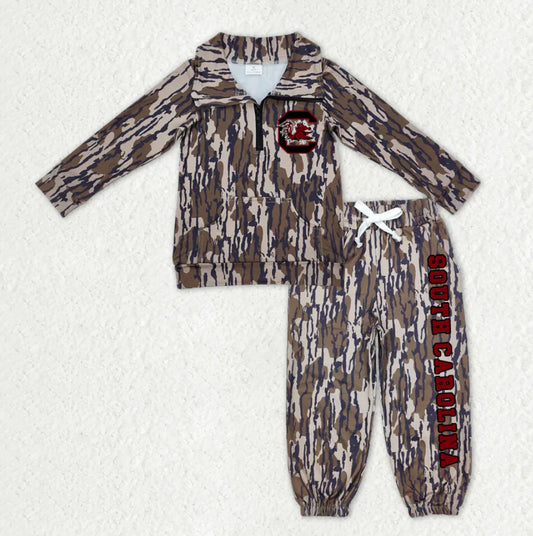 (Custom Design Preorder MOQ 5) Team's Gamecock Camo Print Zipper Pullover Top Pockets Pants Kids Fall Clothes Set
