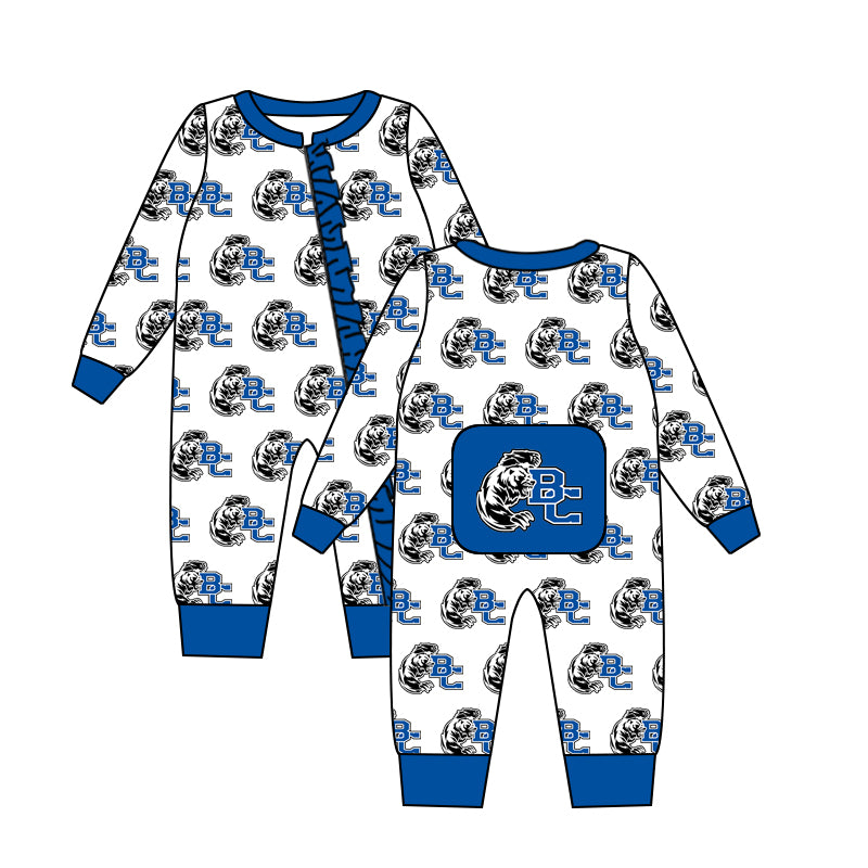 (Custom Design Preorder MOQ 5)  Team's BC Blue Print Baby Girls Fall Sleeper Zipper Romper