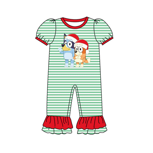 (Custom Design Preorder MOQ 5) Cartoon Dog Green Stripes Print Baby Girls Christmas Romper