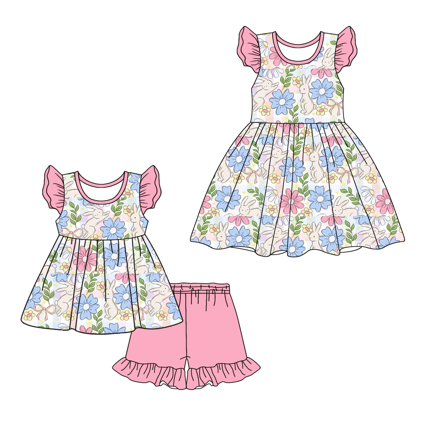 12.13(Custom Design Preorder MOQ 5 Each Design) Flowers Bunny Pink Print Girls Easter Matching Clothes Sisters Wear