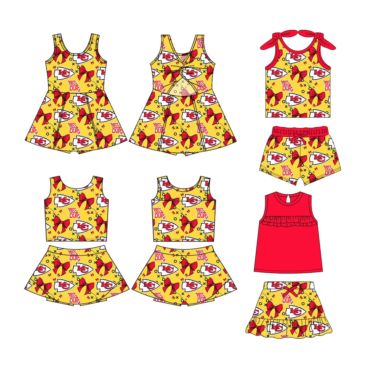 (Custom Design Preorder MOQ 5 Each Design) Team's KC Chiefs Bows Print Girls Summer Matching Clothes Sisters Wear