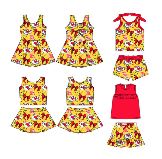 (Custom Design Preorder MOQ 5 Each Design) Team's KC Chiefs Bows Print Girls Summer Matching Clothes Sisters Wear