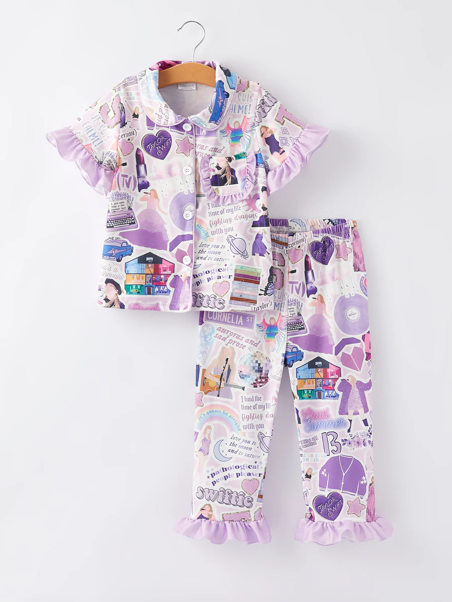 (Custom Design Preorder MOQ 5) Singer Swiftie Purple Print Girls Buttons Pajamas Clothes Set