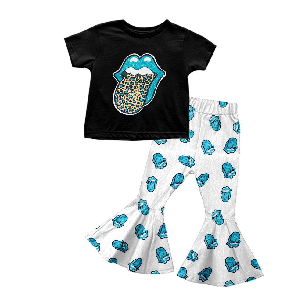 (Custom Design Preorder MOQ 5) Blue Roll Leopard Print Girls Bell Pants Clothes Set