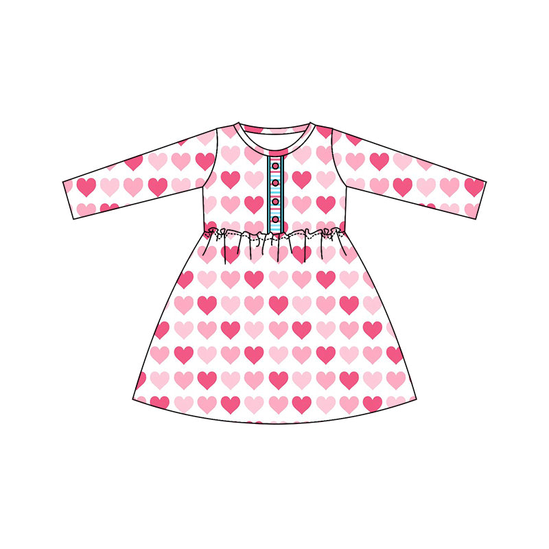 (Custom Design Preorder MOQ 5) Pink Heart Print Girls Valentine's Knee Length Dress