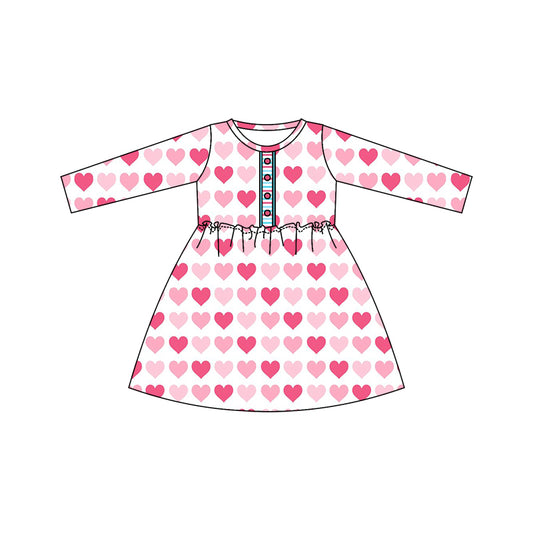 (Custom Design Preorder MOQ 5) Pink Heart Print Girls Valentine's Knee Length Dress