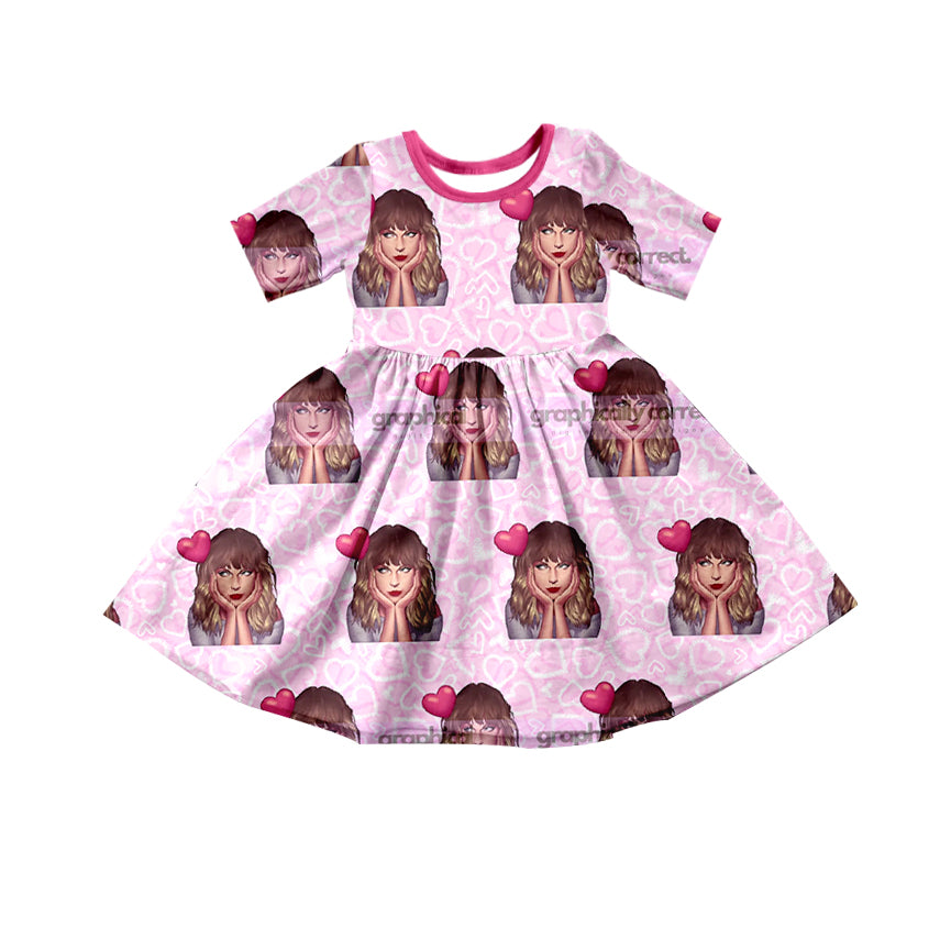 (Custom Design MOQ 5)NO.4  Pink Heart Singer Design Girls Knee Length Dress