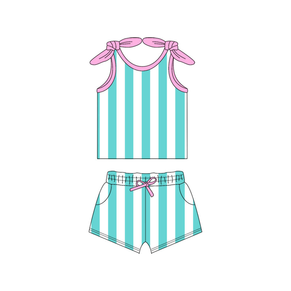 (Custom Design Preorder MOQ 5) Green Stripes Print Pockets Shorts Girls Summer Clothes Set