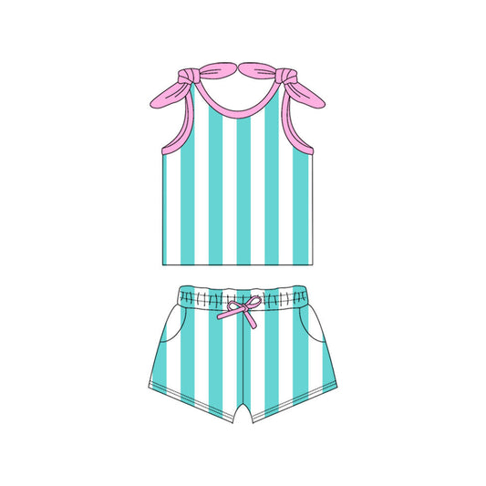 (Custom Design Preorder MOQ 5) Green Stripes Print Pockets Shorts Girls Summer Clothes Set
