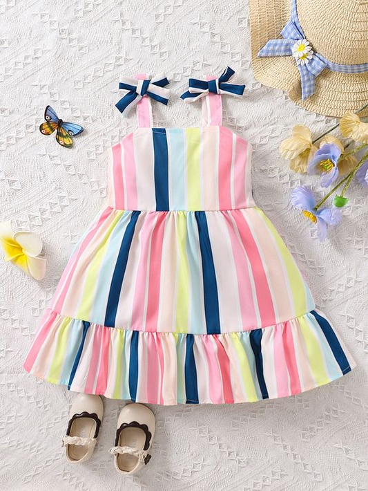 (Custom Design Preorder MOQ 5) Colorful Stripes Print Girls Knee Length Summer Dress