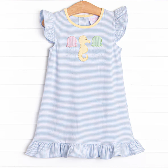 (Custom Design Preorder MOQ 5) Sea Horse Stripes Print Girls Summer Knee Length Dress