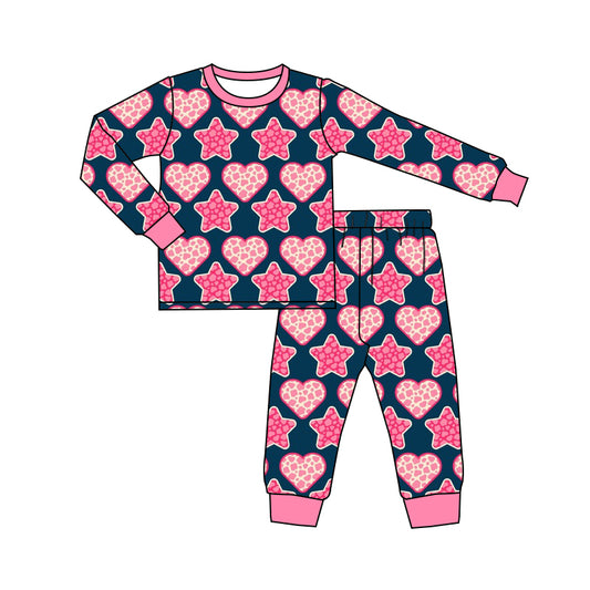 (Custom Design Preorder MOQ 5) Heart Stars Print Girls Valentine's Day Bamboo Pajamas Clothes Set