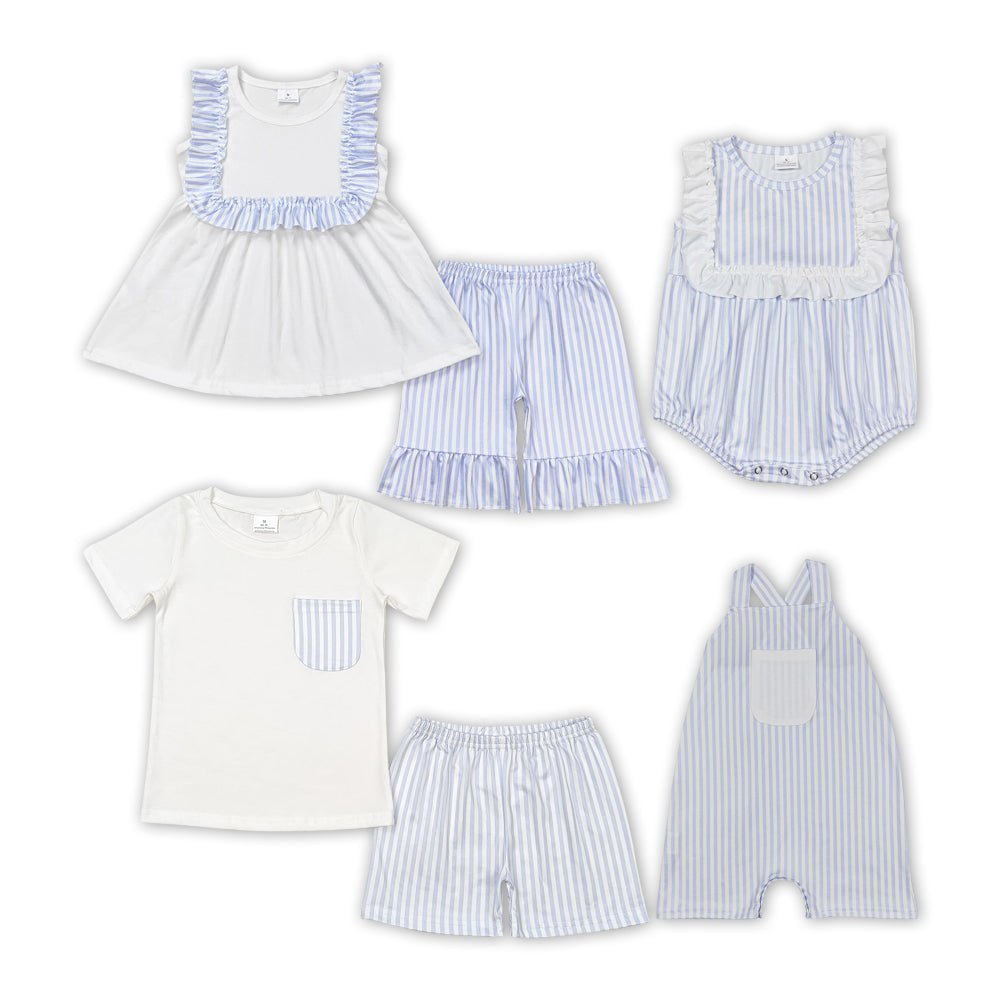 White Blue Stripes Print Sibling Summer Matching Clothes