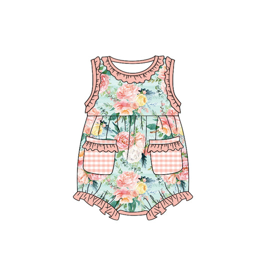 (Custom Design Preorder MOQ 5) Flowers Print Pockets Baby Girls Summer Romper