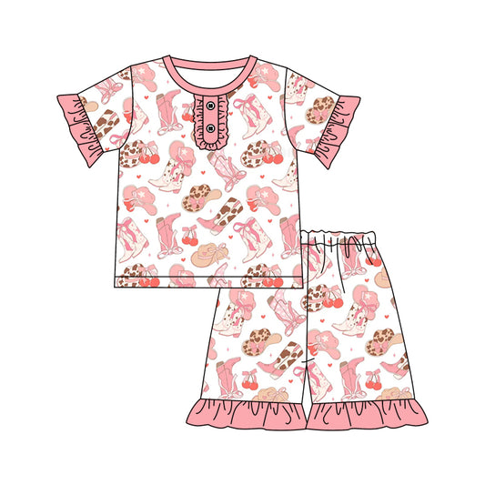 (Custom Design Preorder MOQ 5) Boots Hats Cherry Print Girls Summer Pajamas Clothes Set