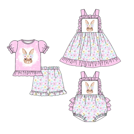 11.21(Custom Design Preorder MOQ 5 Each Design) Bunny Flowers Print Girls Easter Matching Clothes Sisters Wear