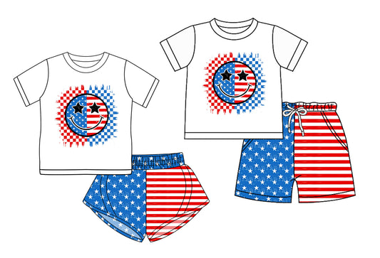 3.10(Custom Design Preorder MOQ 5 Each Design) Smiling Face Top Stars Stripes Shorts Sibling 4th of July Matching Clothes