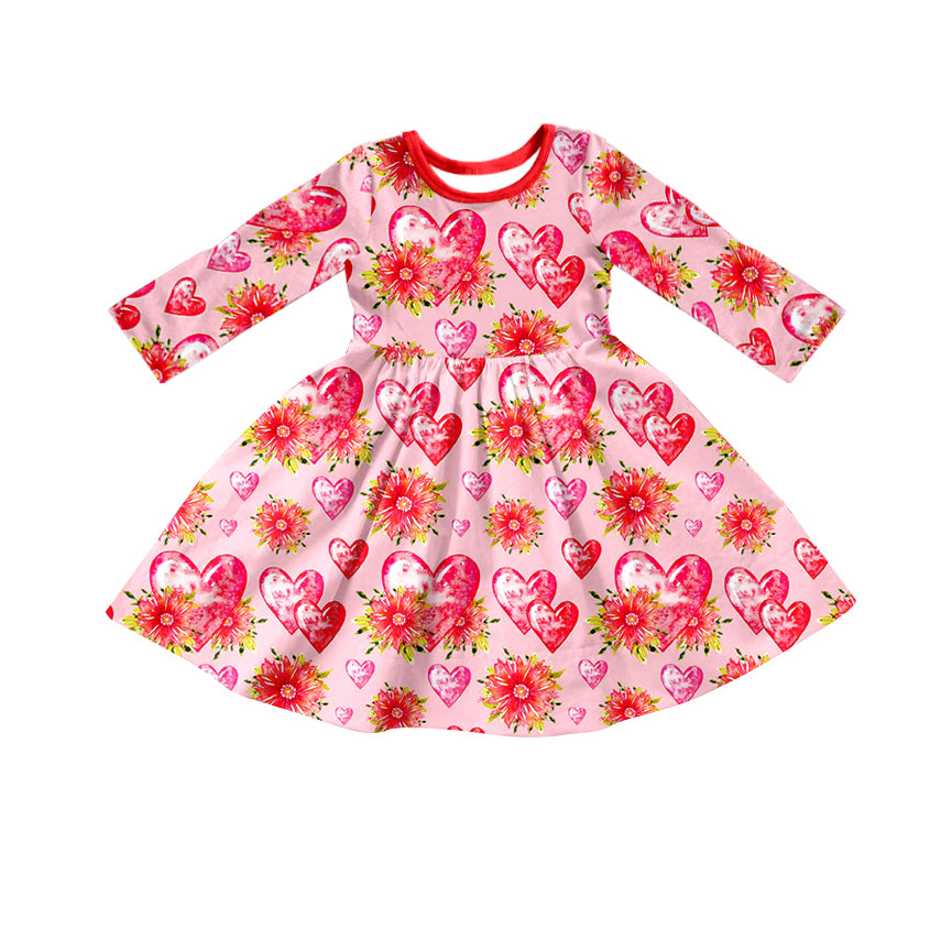 (Custom Design Preorder MOQ 5) Flowers Heart Print Girls Knee Length Valentine's Dress