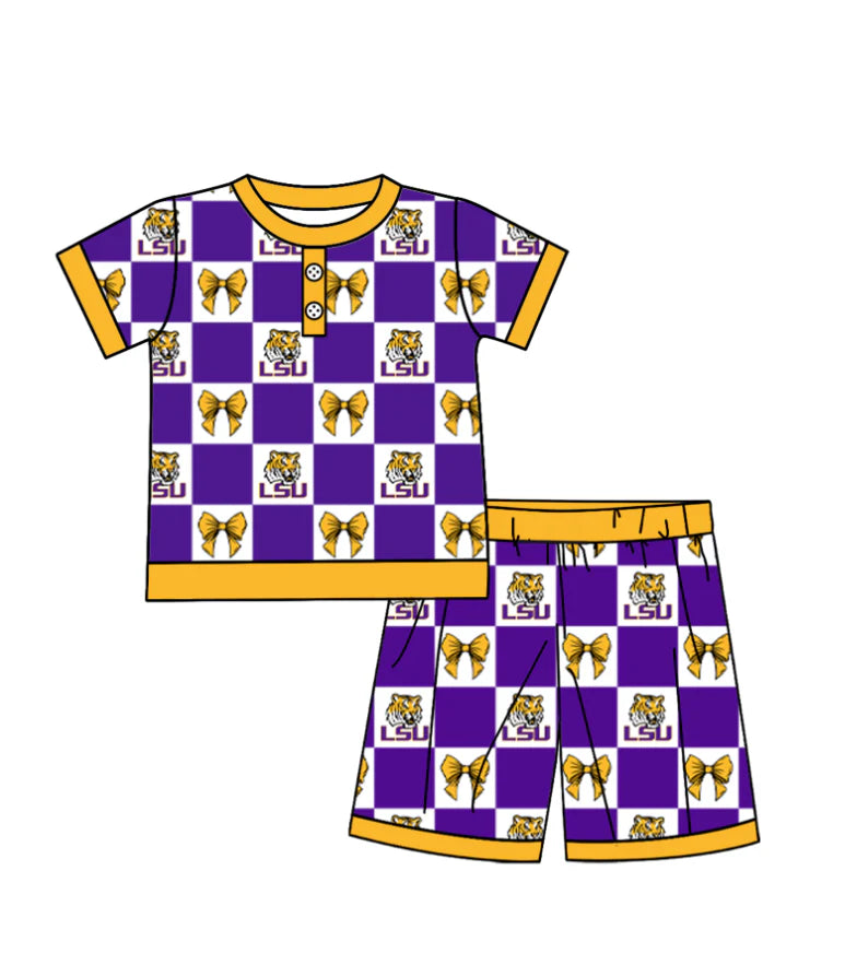 (Custom Design Preorder MOQ 5) Team's LSU Tigers Bows Plaid Print Girls Summer Clothes Set