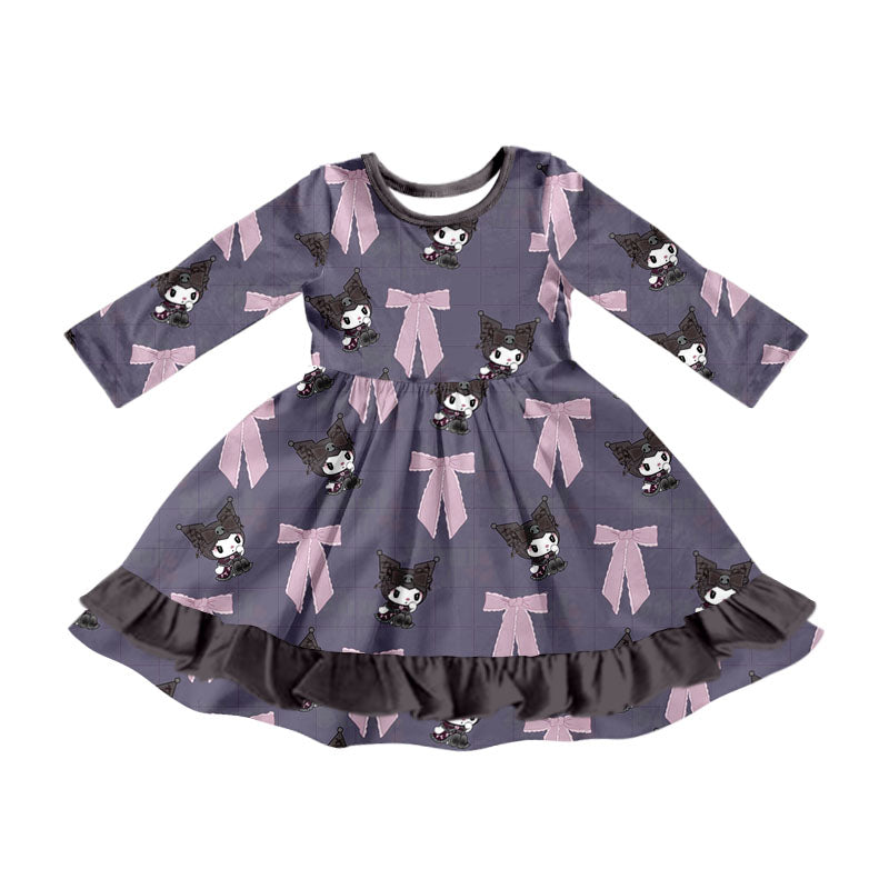 (Custom Design Preorder MOQ 5) Cartoon Animals Bows Print Ruffle Girls Knee Length Dress