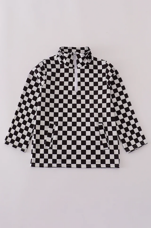 (Custom Design Preorder MOQ 5) Black Plaid Print Kids Zipper Pockets Pollover Top