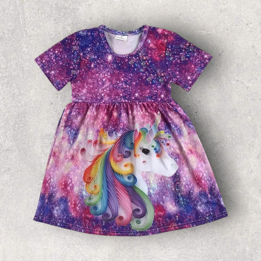 (Custom Design Preorder MOQ 5) Unicorn Purple Print Girls Summer Knee Length Dress