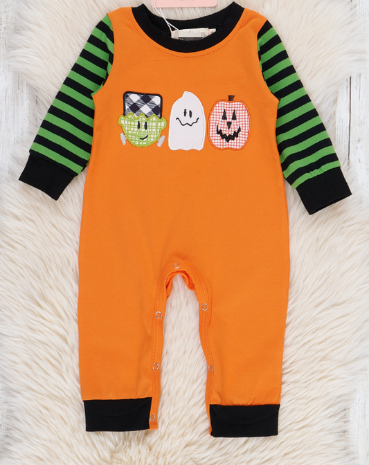 (Custom Design Preorder MOQ 5) Spooky Pumpkin Print Baby Boys Halloween Romper
