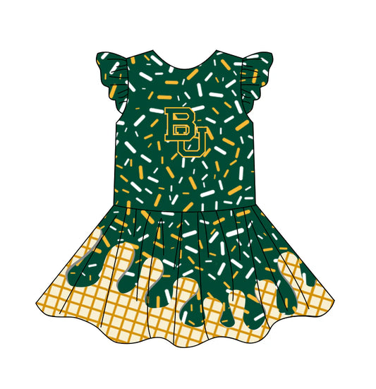 (Custom Design Preorder MOQ 5) Team's BU Green Sprinkles Print Girls Summer Knee Length Dress