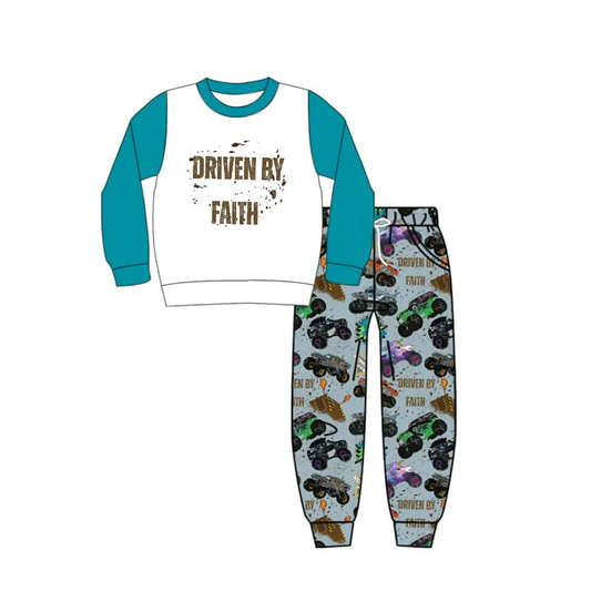 (Custom Design Preorder MOQ 5) Team's Faith Top Monster Trucks Pants Boys Clothes Set