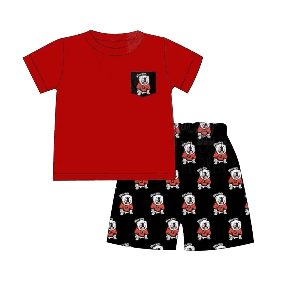 (Custom Design Preorder MOQ 5)  Red Pocket Top Team's Dog Black Shorts Boys Summer Clothes Set